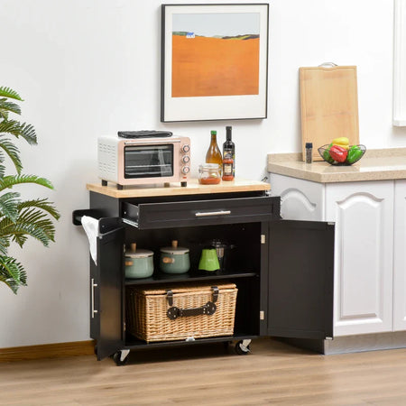 Carrello da Cucina con Cassetti, Portaspezie e Armadietto, Carrello da Portata con 4 Ruote e Piano di Lavoro in Legno, 109x40x89cm, Nero YH9801-178BKYH9