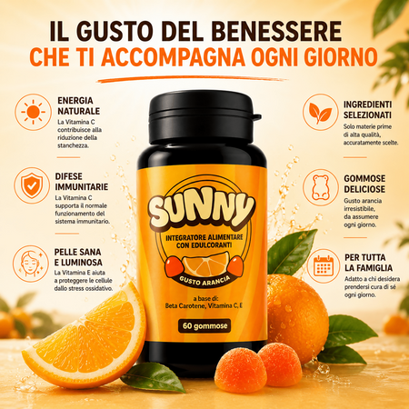 Integratore supporto Abbronzatura Naturale SUNNY | 60 Gommose al Beta-Carotene e Vitamine | Made in Italy