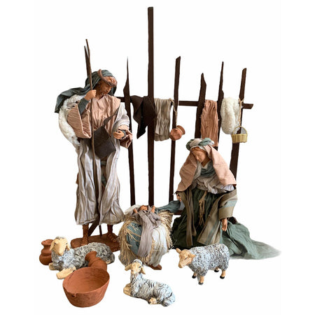 Natività completa di fondale h 45 cm statue per presepe con vestiti in tessuto Verde e Marrone