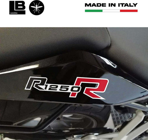 2-ADESIVI-per-MOTO-compatibili-BMW-R1250R-STICKERS-R-1250-R-NERO-ROSSO-12x3-cm
