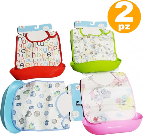 2 BAVETTI SILICONE COTONE TASCA IMPERMEABILE BAVAGLINI NO USCITA CIBO BAMBINO/A Prima infanzia/Allattamento e pappa/Bavaglini/Bavaglini Trade Shop italia - Napoli, Commerciovirtuoso.it