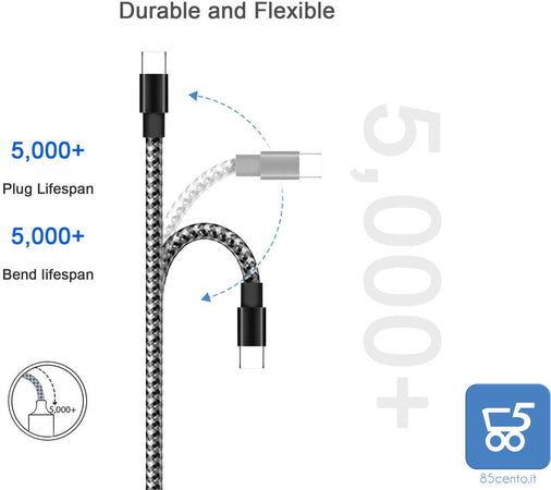 2 Cavi USB USB tipe C (1 metro + 2 metri) Fast Charge per Smartphone PC Tablet