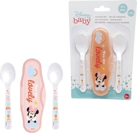 2-Cucchiai-Per-Bambini-Prima-Pappa-Minnie-Mouse-Rosa-Con-Astuccio-Per-Bambini