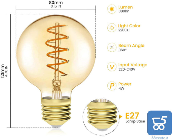 2 pz Lampadina G80 a Vite Edison 4W E27 Filamento LED Vintage Bianco caldo 2200K Vetro ambrato 380LM a Spirale Retrò