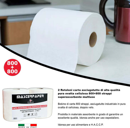 2-Rotoloni-Carta-Asciugatutto-Industriale-2-pezzi-Bobina-Carta-Asciugatutto-800+800-strappi-Carta-Assorbente-Cucina