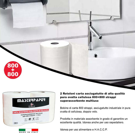 2-Rotoloni-Carta-Asciugatutto-Industriale-2-pezzi-Bobina-Carta-Asciugatutto-800+800-strappi-Carta-Assorbente-Cucina
