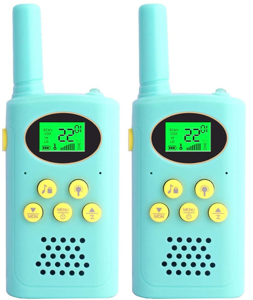 2 Walkie Talkie Ricaricabile per Bambini Radio Bidirezionale a 8 Canali con Schermo LCD Colore Celeste