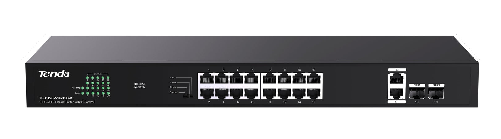 Switch Ethernet 18GE+2SFP non gestito con 16 Porte PoE, G1120P-16-150W