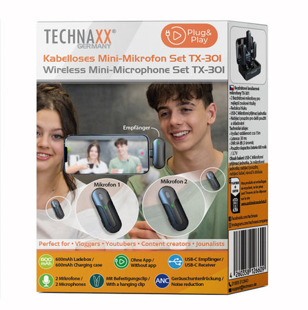 Set 2 Mini Microfoni Lavalier Wireless con Ricevitore USB-C e Custodia di Ricarica, TX301