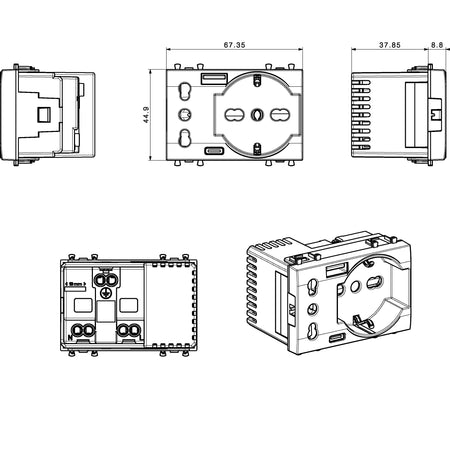 Tekla S44 Presa Schuko Presa Italiana USB-A e USB-C 2P+T 10/16A 250V 3 Moduli Grigio Opaco, 44509015USB