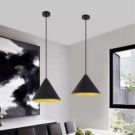 Lampadario A Sospensione E27 Ferro Paralume Moderno Contemporaneo Cono Nero Oro 33351
