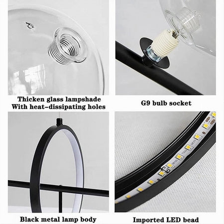 Lampadario Moderno A Sospensione Nero 7 Sfere G9 Bolle In Vetro Con Cerchio 71676