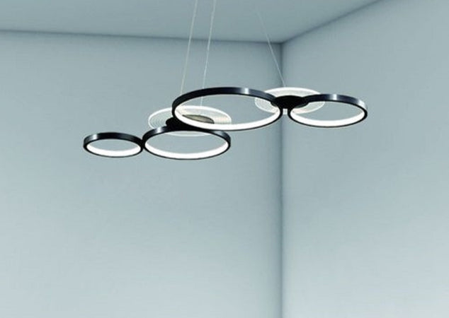 Lampadario A Sospensione Led Nero 65w 6 Anelli Luminosi Moderno Con Telecomando 71415