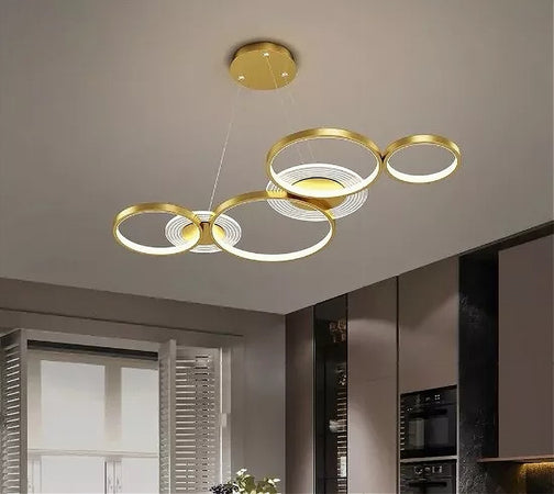 Lampadario A Sospensione Led Oro 65w 6 Anelli Luminosi Moderno Con Telecomando 71422