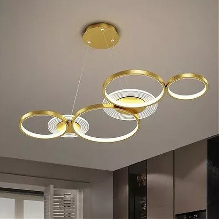 Lampadario A Sospensione Led Oro 65w 6 Anelli Luminosi Moderno Con Telecomando 71422