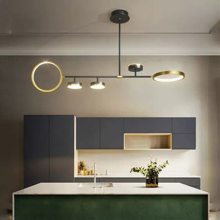 Lampadario A Sospensione Led 37w Con 5 Cerchi Orizzontale Nero Oro Luce Naturale 71354