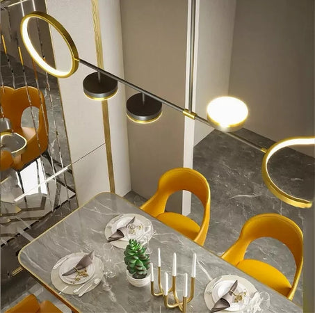 Lampadario A Sospensione Led 37w Con 5 Cerchi Orizzontale Nero Oro Luce Naturale 71354