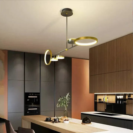 Lampadario A Sospensione Led 37w Con 5 Cerchi Orizzontale Nero Oro Luce Naturale 71354