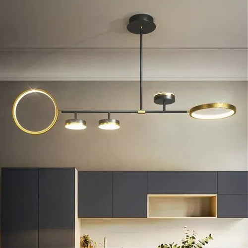 Lampadario A Sospensione Led 37w Con 5 Cerchi Orizzontale Nero Oro Luce Naturale 71354