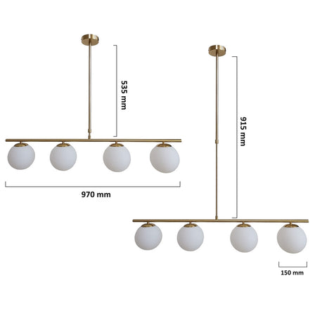 Lampadario A Sospensione Oro Con 4 Sfere Bolle Bianche In Vetro Attacco G9 33917