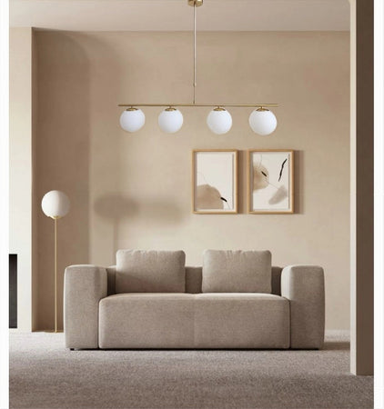 Lampadario A Sospensione Oro Con 4 Sfere Bolle Bianche In Vetro Attacco G9 33917