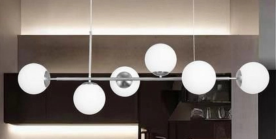 Lampadario A Sospensione Argento Con 6 Sfere Bolle Bianche In Vetro Attacco G9 33733