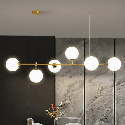 Lampadario A Sospensione Oro Con 6 Sfere Bolle Bianche In Vetro Attacco G9 33726