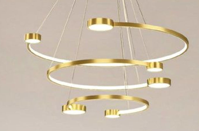 Lampadario A Sospensione Led 65w 3 Semi Cerchi Con Telecomando Design Moderno Oro 71392