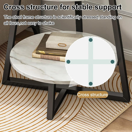 Tavolino Portaoggetti A 2 Livelli Rotondo Finitura In Marmo Base Cruciforme Moderno