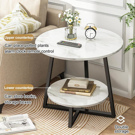 Tavolino Portaoggetti A 2 Livelli Rotondo Finitura In Marmo Base Cruciforme Moderno