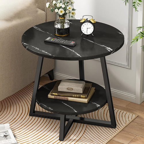 Tavolino Portaoggetti A 2 Livelli Rotondo Finitura In Marmo Base Cruciforme Moderno