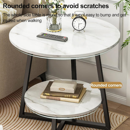 Tavolino Portaoggetti A 2 Livelli Rotondo Finitura In Marmo Base Cruciforme Moderno