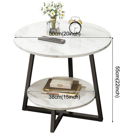 Tavolino Portaoggetti A 2 Livelli Rotondo Finitura In Marmo Base Cruciforme Moderno