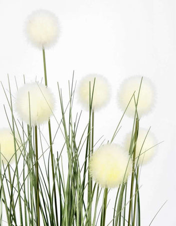 Pianta artificiale "Eriophorum" con fiori bianchi, vaso in plastica nero