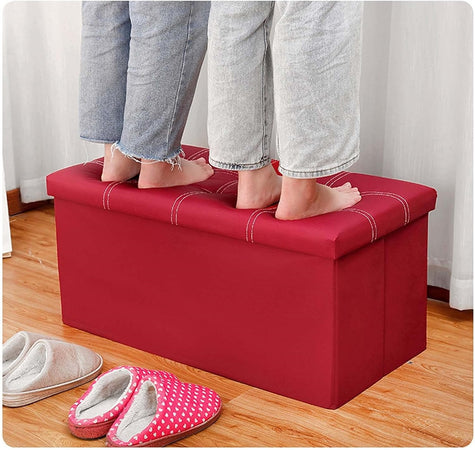 Pouf Contenitore Rettangolare Sgabello Poggiapiedi Per Coperte Scarpe Giocattoli Rosso
