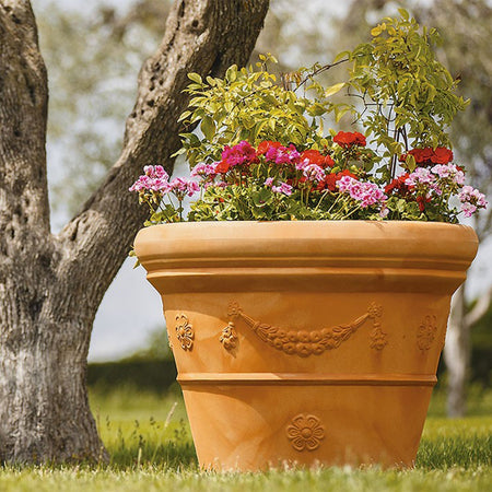 Vaso Doppiobordo Festone rotondo in resina con decorazione per esterno "Made in Italy"