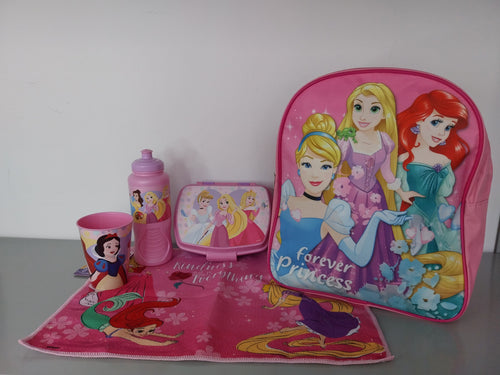Set Asilo da Bambina con Principesse dei Cartoni Forever Princess 5 Pezzi: Zaino Tovaglietta Borraccia Bicchiere e Porta Merenda