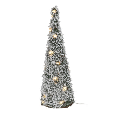 Albero decorativo cono pino innevato con luci led bianco caldo per decorazione natalizia