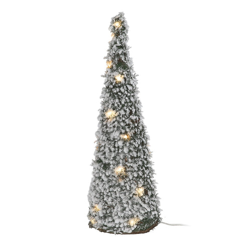 Albero decorativo cono pino innevato con luci led bianco caldo per decorazione natalizia