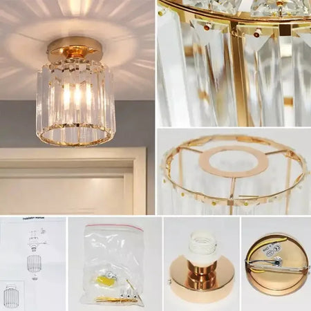 Plafoniera Lampadario Da Soffitto A Cilindro Oro E27 In Cristallo Design Elegante