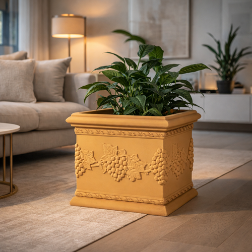 Vaso Quadro Uva quadrato in resina con decorazione per esterno Made in Italy