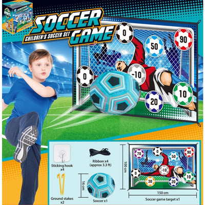 Set Gioco Per Bambini 8pz Pallone Da Calcio Picchetti Ganci Bersaglio Adesivo 60x40