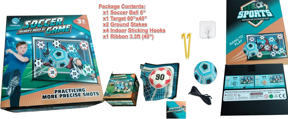 Set Gioco Per Bambini 8pz Pallone Da Calcio Picchetti Ganci Bersaglio Adesivo 60"x40"