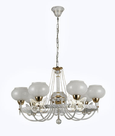 Lampadario Classico Bianco Anticato Shabby Chic Lampada 7 Coppe Con Farfalle 92433