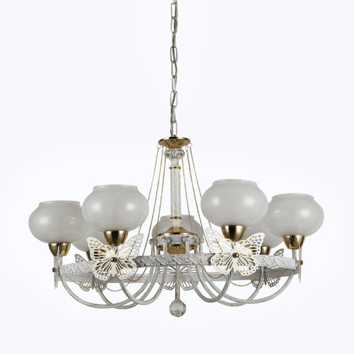 Lampadario Classico Bianco Anticato Shabby Chic Lampada 7 Coppe Con Farfalle 92433
