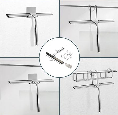Set Tergivetro Per Doccia Con Gancio Muro Adesivo Doppio Appendino Porta Box Cromo 87834