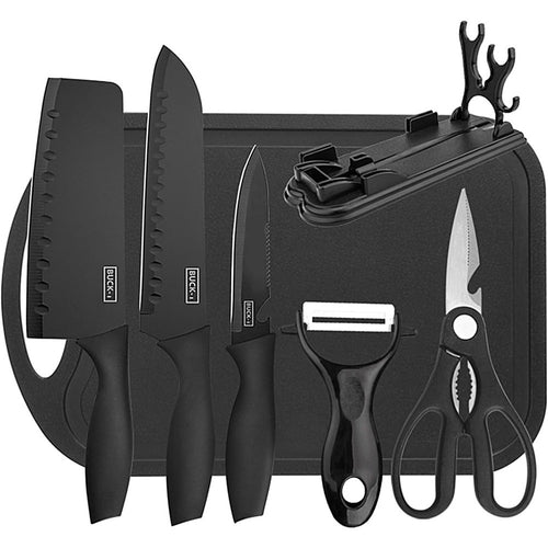 Set Di 7pz Coltelli Da Cucina Professionali Chef Forbici Pelapatate Acciaio Nero