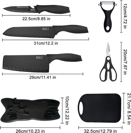 Set Di 7pz Coltelli Da Cucina Professionali Chef Forbici Pelapatate Acciaio Nero