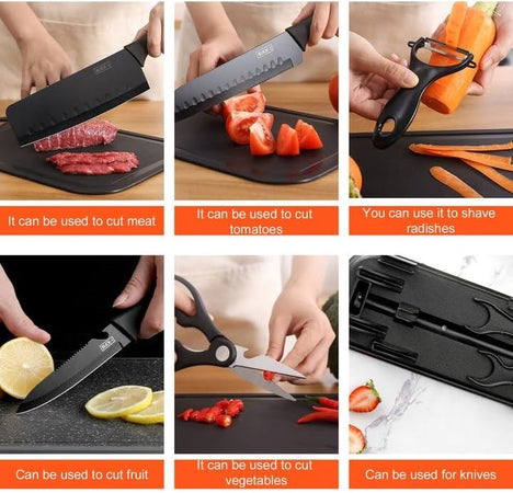 Set Di 7pz Coltelli Da Cucina Professionali Chef Forbici Pelapatate Acciaio Nero