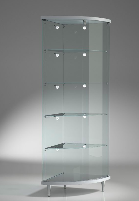Vetrina espositiva con ripiani interni ad angolo e con faretti LED cm. 58x58x190h